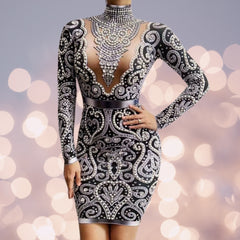 Rhinestones Pearls Long Sleeve Dress