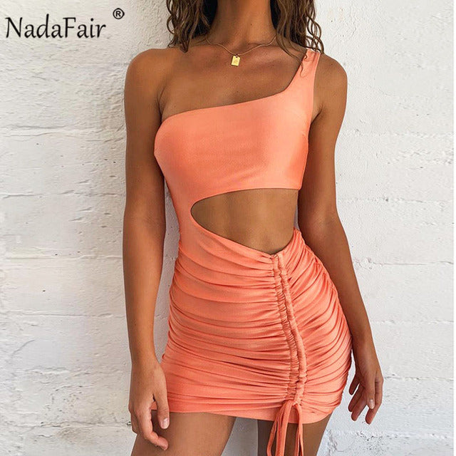 Nadafair Cut Out Sexy Mini Party Summer Dress Club Outfit Ruched One Shoulder Sheath Bandage 2021 Short Brown Bodycon Dress