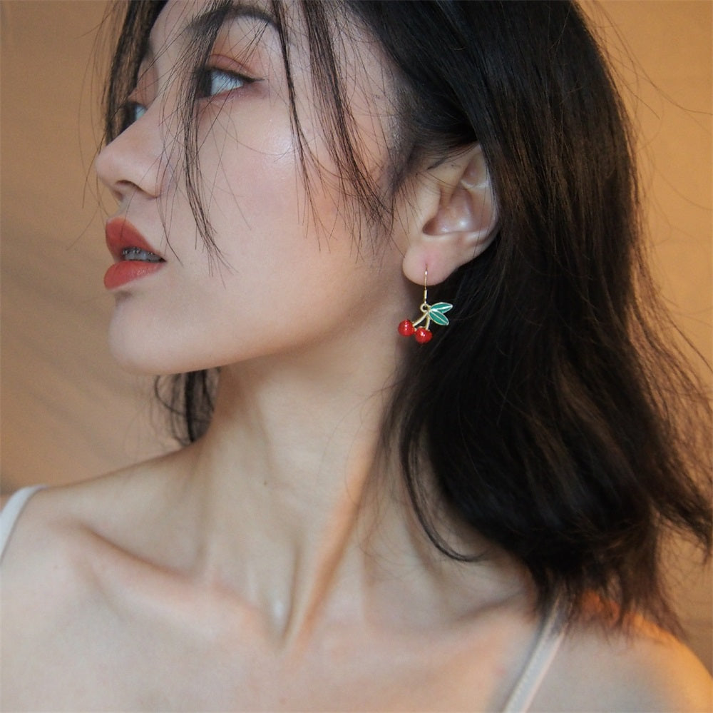 Red Cherry Japanese Style Energetic Girl Earrings Silver Ear Clip