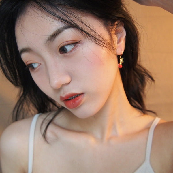 Red Cherry Japanese Style Energetic Girl Earrings Silver Ear Clip