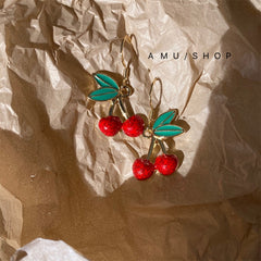 Red Cherry Japanese Style Energetic Girl Earrings Silver Ear Clip