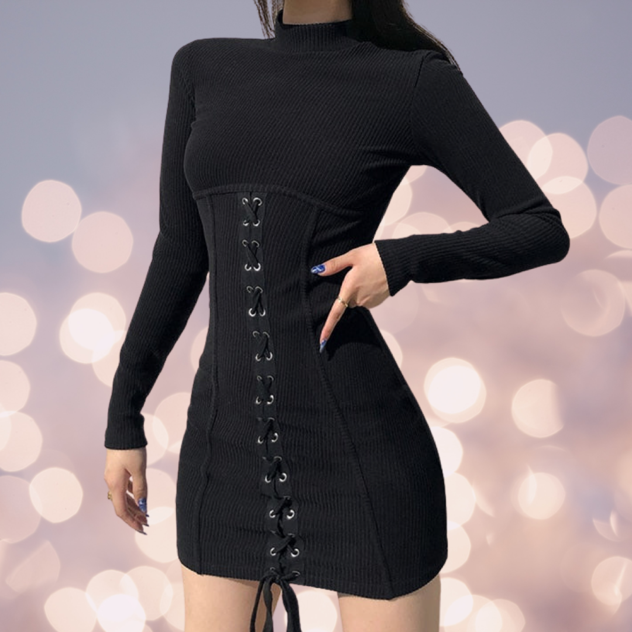 Black Bodycon Long Sleeve Knitted Mini Dress