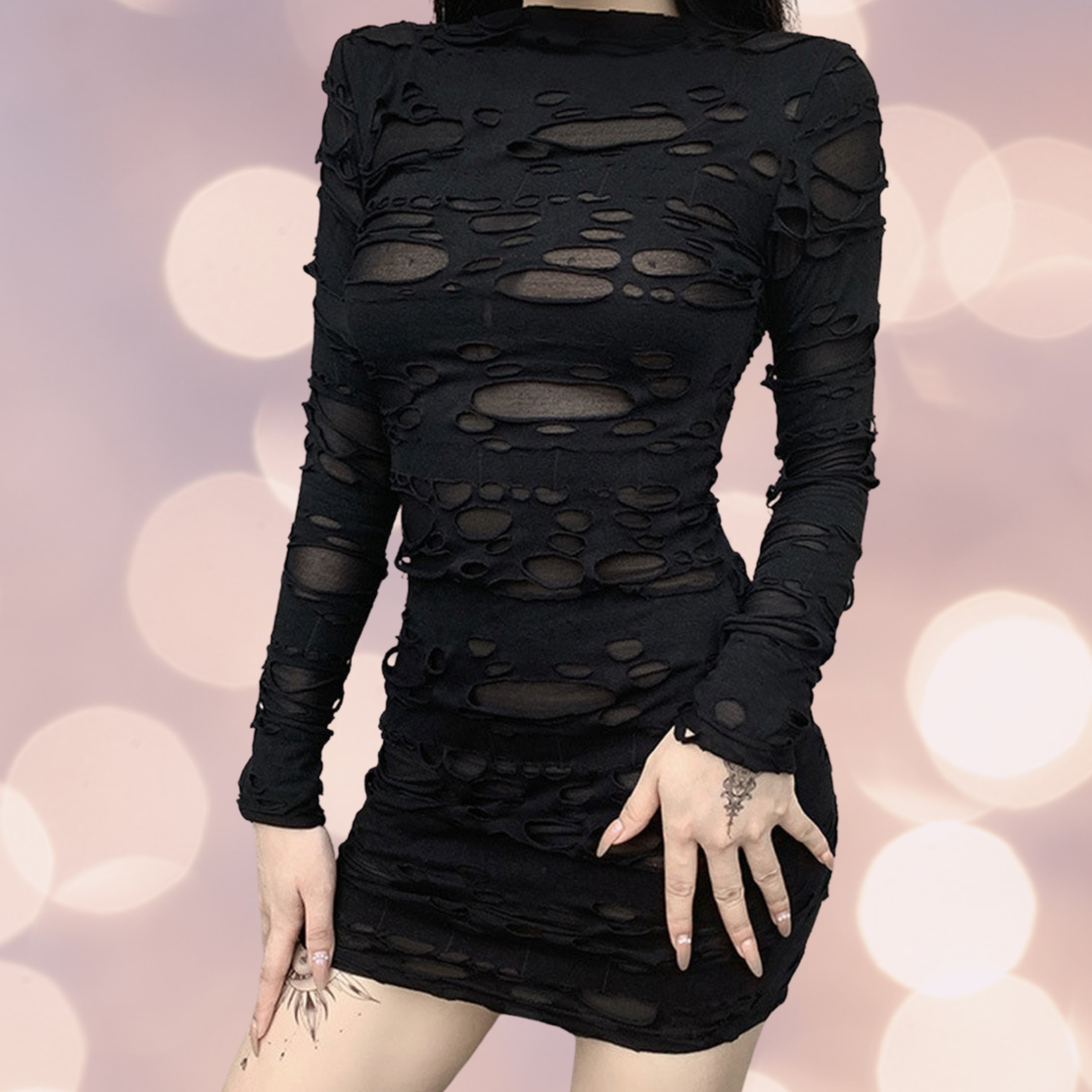 Gothic Black Long Sleeve Ripped Bodycon mini dress