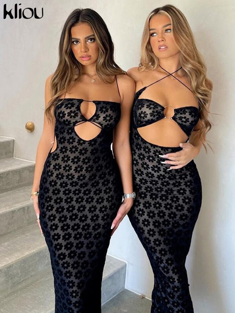 Kliou Halter Mesh Patchwork See Through Maxi Dress Women Sexy Lace Up Sleeveless Cut Out Cleavage Sheath Robe Partywear Vestido