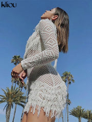 Kliou Bohemian Style Dress Women Autumn Plaid Tassel Skirt Sexy See Through Inclined Shoulder Robe Party Knitted Attirewear