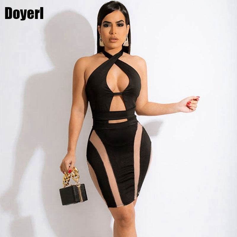 Sexy Backless Halter Bodycon Midi Dress 2022 Patchwork Hollow Cut Out Elegant Bandage Party Dress for Women Summer Club Outfits