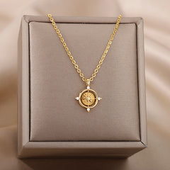 Goth Zircon Round Compass Necklace For Women Stainless Steel Gold Color North Star Pendants Necklaces Sailing Jewelry Gift