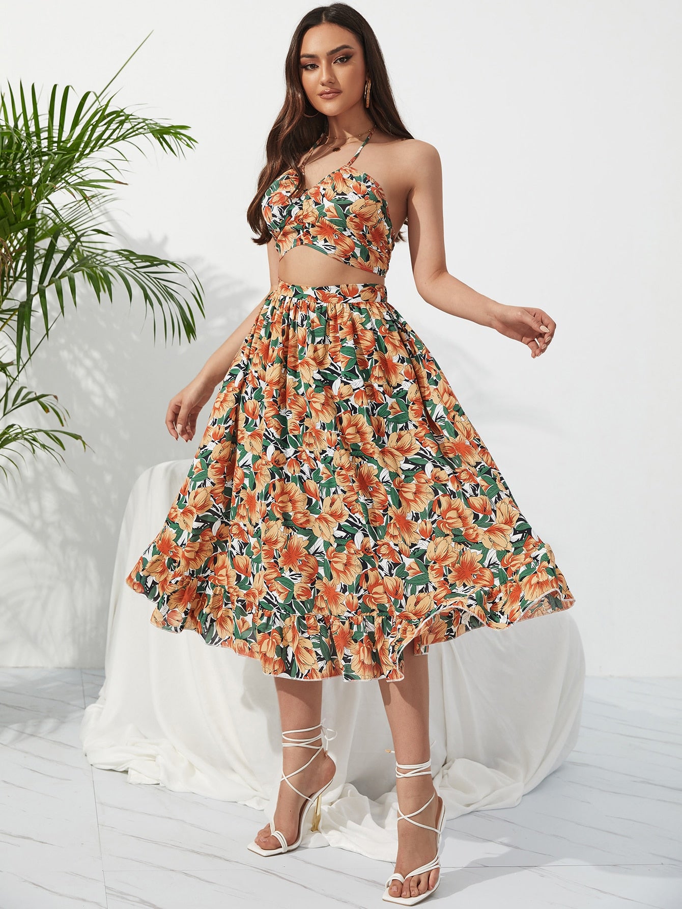 KEBY ZJ Summer Boho Bikini Set Dress Chic Women Elastic Waist Two Pieces Skirt with Female Beach Holiday Floral Print Midi Sets