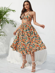 KEBY ZJ Summer Boho Bikini Set Dress Chic Women Elastic Waist Two Pieces Skirt with Female Beach Holiday Floral Print Midi Sets