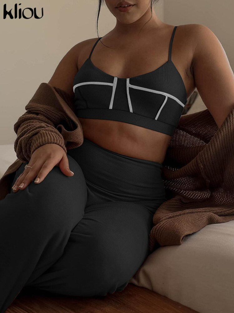 Kliou Concise Knitted Two Piece Set Women Skinny Patchwork Camisole Crop Tops+Solid Casual Pants Matching Female Workout Outfits