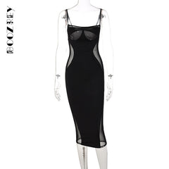 BoozRey Sexy Mesh See Through Midi Dress for Women Splice Spaghetti Strap Backless Hollow Dresses Solid Black Club Party Clothes