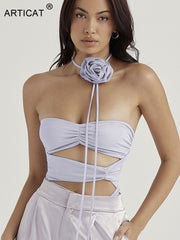 Articat Sexy Strapless Flower Mesh Women Dress Apricot Hollow Out Ruched Summer Dresses Woman 2022 Elegant Party Club Vestidos