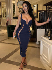 Taruxy 2022 Summer Women Dress Black Knitted V-Neck Hollow Out Bodycon Long Dresses Femme Y2K Sexy Bandage Party Dress Vestidos