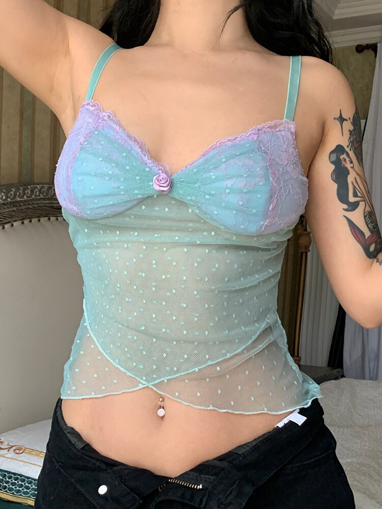 Rapcopter Y2K Lace Crop Top Floral Dot Printed Mini Vest Women See Through Cross Camis Chic Retro Cute Summer Sweats Fairycore Secondary image