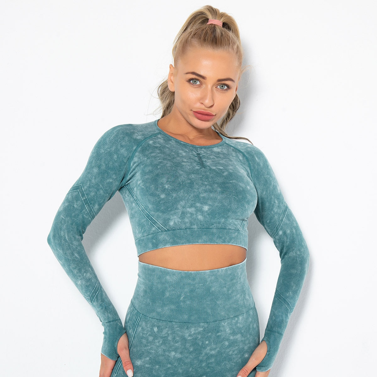Women Seamless High Waist Yoga Set Long Sleeve Crop Top High Waist Leggings