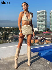 Kliou Stunning Stacked Two Piece Set Women Sexy Halter Lace Up Slim Crop Tops+Elegant Charming Solid Body-shaping Female Skirt