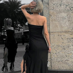 Cryptographic Fringe Sexy Strapless Backless Midi Dress for Women Club Party Frill Hem Sleeveless Slit Dresses Solid Clothes