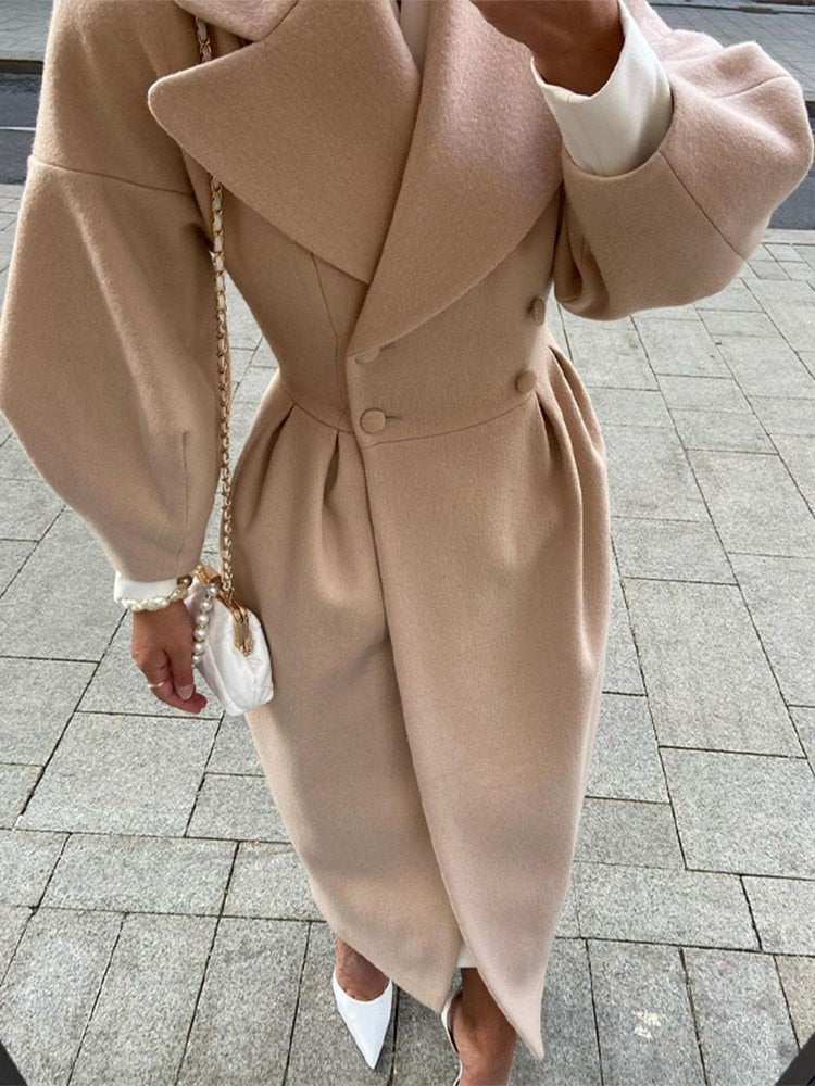 Autumn Women Woolen Coat Thick Lapel Lantern Sleeve Office Lady Long Jackets Double-Breasted New in Outerwears Female Coats