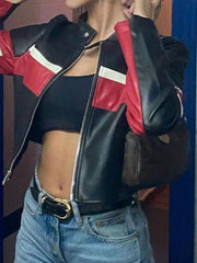 SUCHCUTE Korean Street Contrast Black White Print Leather Jackets Motorcycle O Neck PU Coats Zip Up Moto &amp; Biker Women Tops 가죽자켓