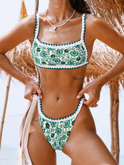 Trendy and Chic Women's High Cut Bikini Set with Bandeau Print