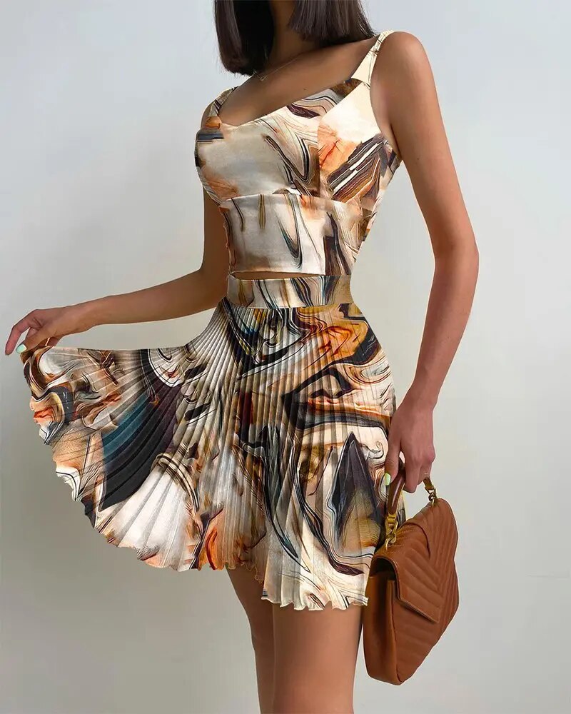 2022 Summer Women 2 Piece Marble Satin Print Crop Tank Top  Pleated Sweet Skirt Set