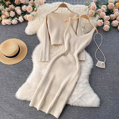 Elegant Slim Two Piece Sets Sweater Dress High Waist Knitted Ensemble Long Dress