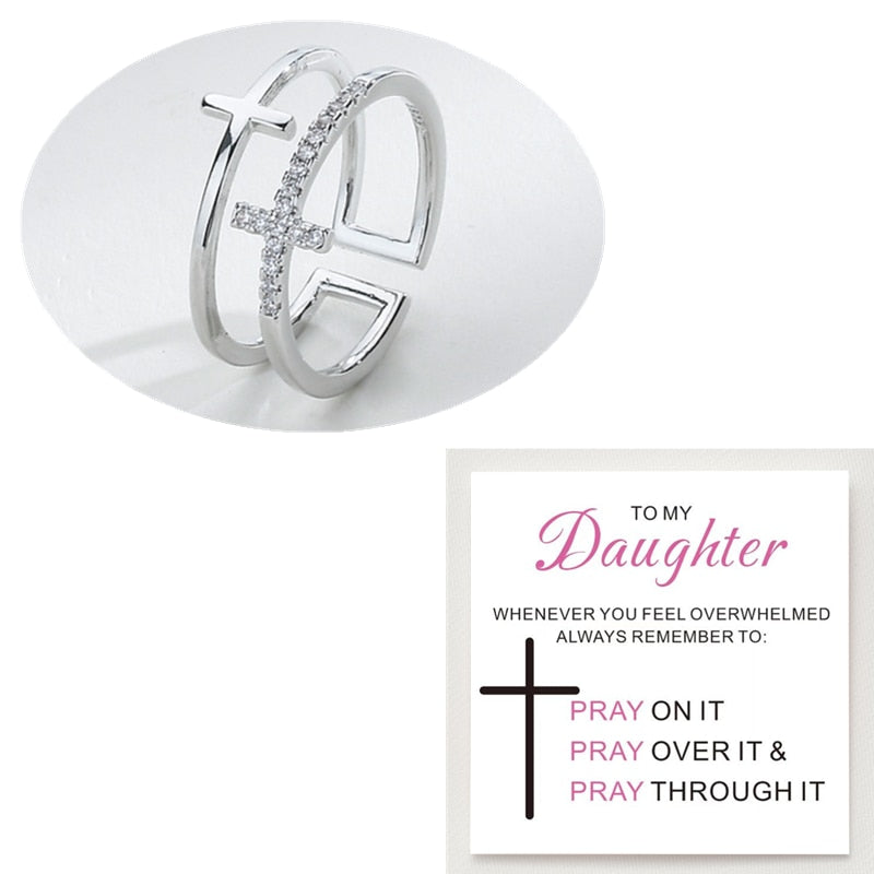 To My Daughter Pray Through It Double Cross Ring With Card for Women Girls Vintage Aesthetic Classic Zircon Cross Rings Jewelry