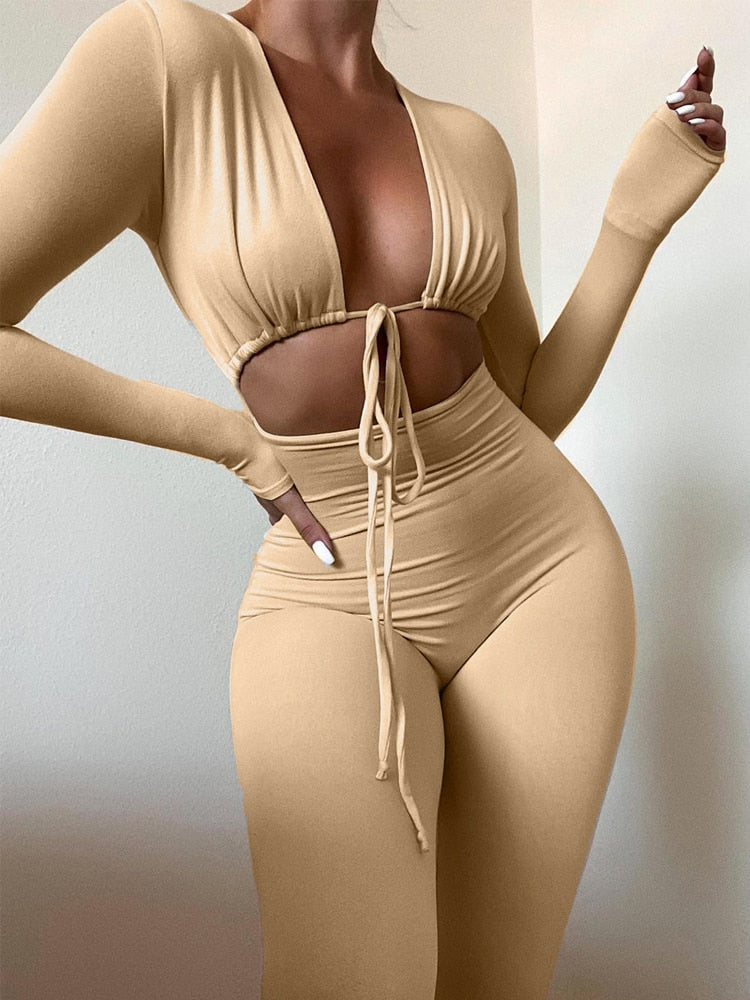 Bandage Tie Sexy Hollow Out Long Sleeve Bodycon jumpsuit