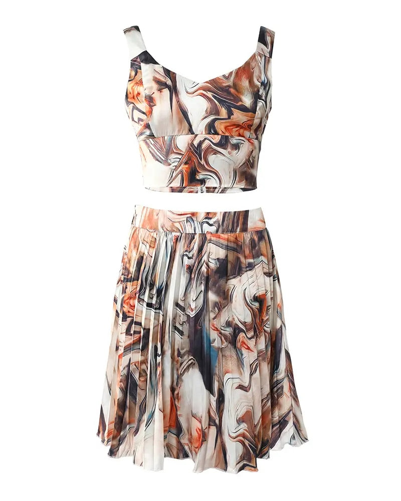 2022 Summer Women 2 Piece Marble Satin Print Crop Tank Top  Pleated Sweet Skirt Set