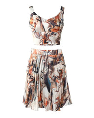 2022 Summer Women 2 Piece Marble Satin Print Crop Tank Top  Pleated Sweet Skirt Set
