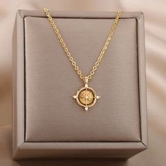 Goth Zircon Round Compass Necklace For Women Stainless Steel Gold Color North Star Pendants Necklaces Sailing Jewelry Gift