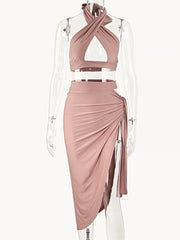 JillPeri Women Cross Halter Crop Top and Skirt Sets Sexy Strap Solid Stretch Party Wear Going Out Outifts to the Club