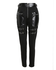 Spring Women Eyelet Buckled Zipper Design Pants 2022 Femme High Waist Belt Patchwork Skinny Trousers Cool Lady Clothing traf