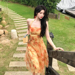 Women Midi Floral Halter Slip Dress Summer 2022 Vintage Painting Flowers Backless Casual Party Night Vacation Runway Vestidos