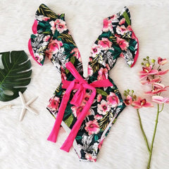 Ruffle Print One Piece Swimsuit Off The Shoulder Solid Deep-V Bathing Suit