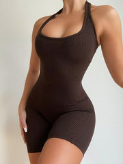 Sleeveless Rib Knitted Bodycon Romper - Casual Sport Short