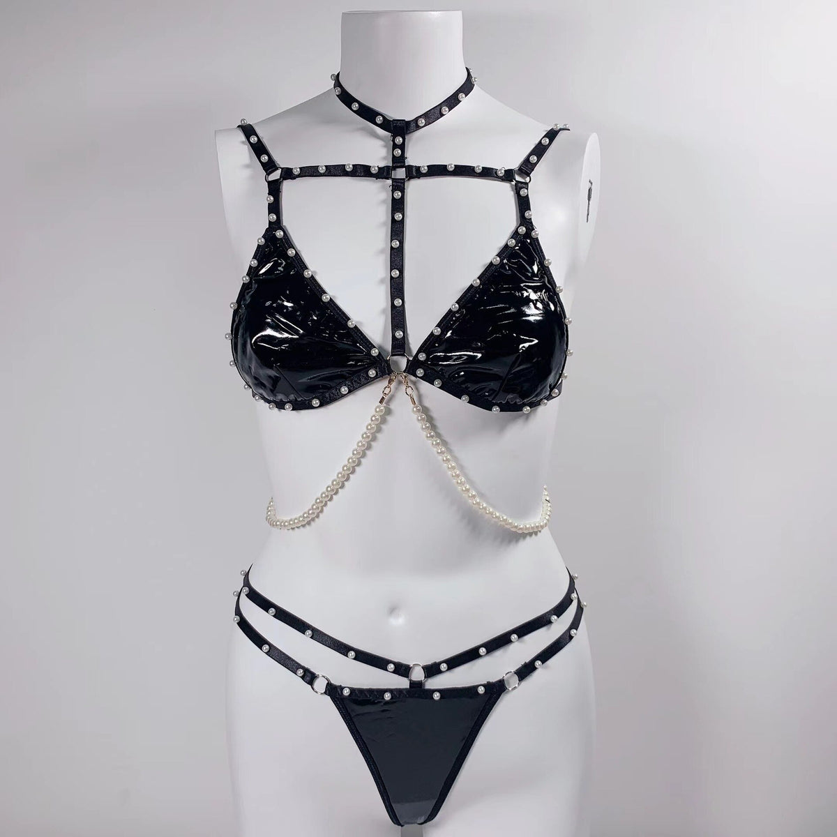 MIRABELLE Latex Sexy Lingerie With Pearl Chain Exotic Set Nightclub Bunny Girl 2-Pieces Pu Fetish Sexy Suit Sex Erotic Costumes