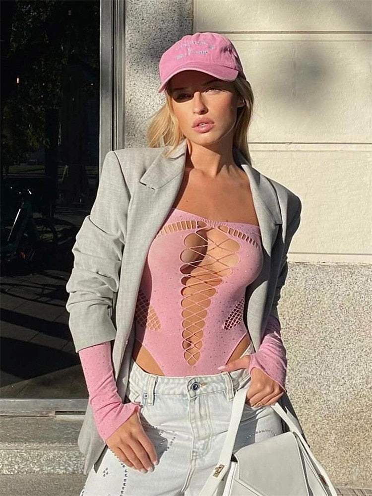 Celina Rhinestone Mesh Bodysuit One-piece