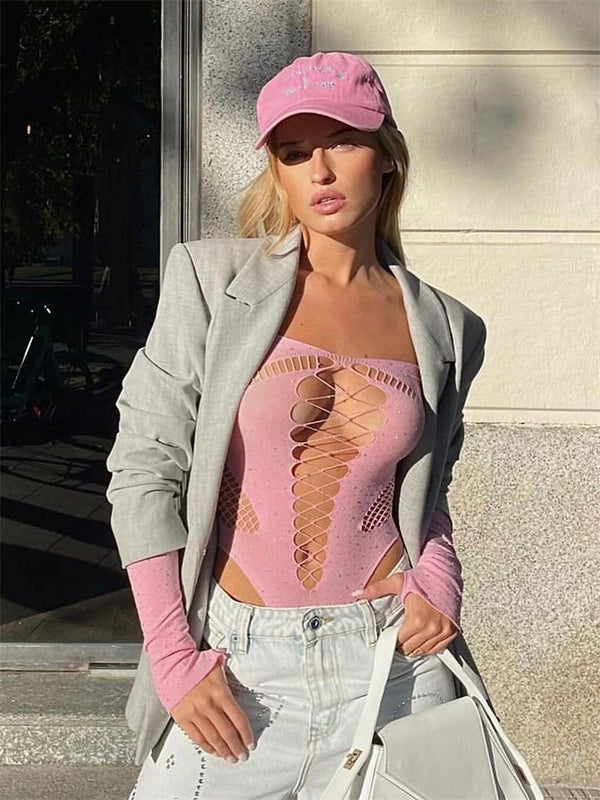 Celina Rhinestone Mesh Bodysuit One-piece