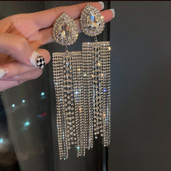 Trina Black Gold Color Water Drop Crystal Earrings Oversize Long Tassel Rhinestone