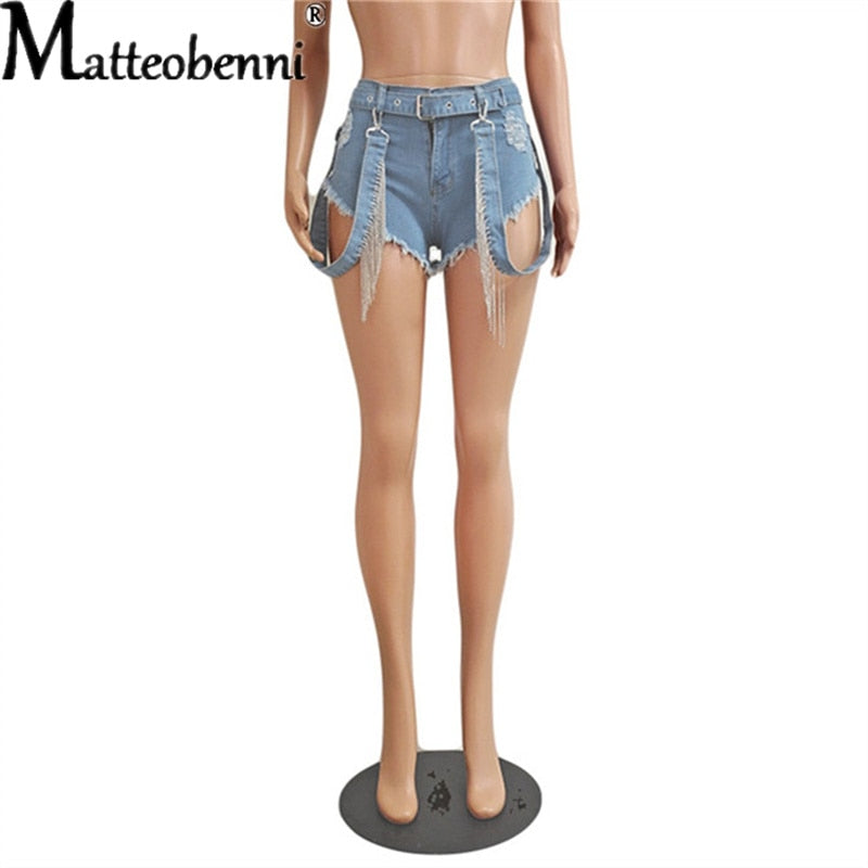 Ripped Hollow Shorts Jeans Pants Casual High Waist Denim Rhinestone Tassel