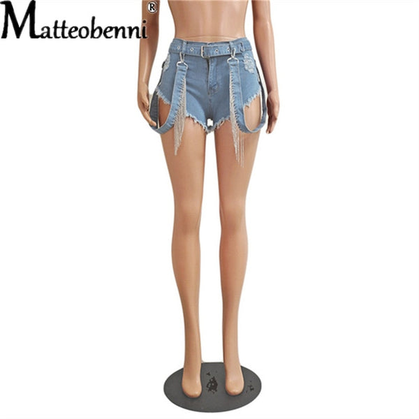 Ripped Hollow Shorts Jeans Pants Casual High Waist Denim Rhinestone Tassel