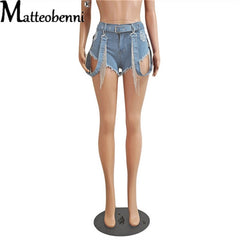 2022 Summer Women Ripped Hollow Shorts Jeans Pants Casual High Waist Denim Shorts Sexy Rhinestone Tassel Nightclub Short Jeans