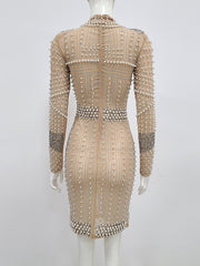 High Quality Celebrity Khaki Pearl Beading Hollow Out Dress Women Long Sleeve Sexy Bodycon Club Party Dresses Vestidos 2022