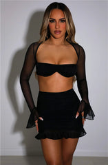 Mesh Sexy Dress Set Strapless Full Sleeve Crop Top And Mini Skirt Matching Set