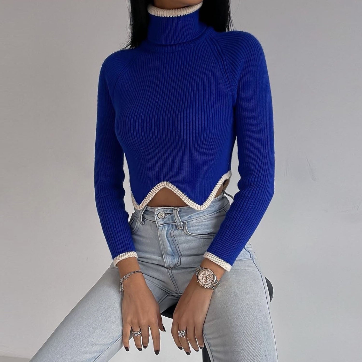 Turtleneck Crop Solid Knitted Long Sleeve Slim Pullovers Jumpers Knitwear