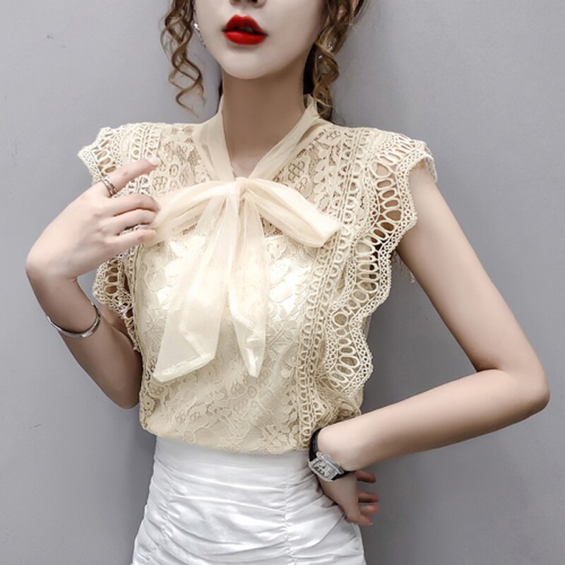 Solid Hollow Out Shirt Korean Fashion Clothing Vintage Sleeveless 2022 Womens Tops and Blouses Lace Patchwork Blusas 9811