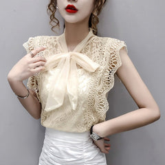 Solid Hollow Out Shirt Korean Fashion Clothing Vintage Sleeveless 2022 Womens Tops and Blouses Lace Patchwork Blusas 9811