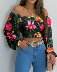 Autumn Women Daisy Print Crossed Tied Back Crop Top 2021 Femme Casual Off Shoulder Ruched Lantern Sleeve Blouse y2k Lady Outfits