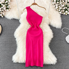 Sexy One Shoulder Crochet Bodycon Dress Chic Knitted Elegant Midi Dress